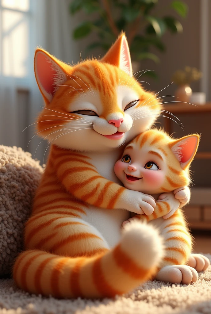 A furry  teenager cat hugging a kid tightly and licking his face 