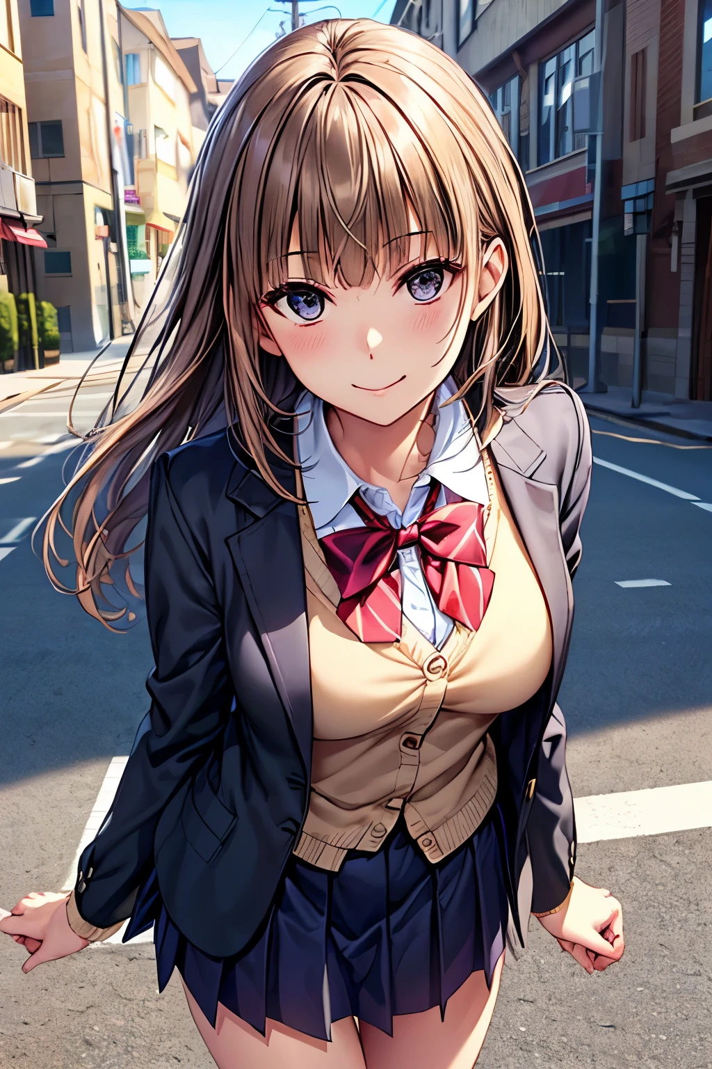 ((masterpiece, Highest quality, High resolution, Hyper HD, Pixel Perfect, Written boundary depth, 4K, RTTX10.0, High resolution))), Beautiful person:high school girl,, Japanese, Perfect Face,, (Realistic:1.2),  View your audience,  Cute and symmetrical face, Glowing Skin, (Long Hair:1.5, Straight hair:1.4, Light brown hair), Blunt bangs, Swept-apart bangs, Big eyes, Droopy eyes, Purple eyes, Long eyelashes, (中chest), thin, Beautiful Hair, Beautiful Face, Beautiful attention to detail, Beautiful clavicle, Beautiful body, 美しいchest, Beautiful thighs, Beautiful legs, Beautiful fingers, ((Red bow tie, school uniform, Black jacket, Open jacket, Brown cardigan, 白のshirt, Black Skirt, Check skirt)), smile,School Gray Knee High Socks), (Beautiful views), evening, (Outdoor),, Are standing, (かわいらしいsmile, Upward glance),Beautiful illustrations, (Natural Side Lighting, Cinema Lighting),uniform　high school girl　Sailor suit　chestが大きい　sexy　chest　chest元が空いてる　白いワイshirt　tops are white　白いワイshirt　shirt　chest元にリボン