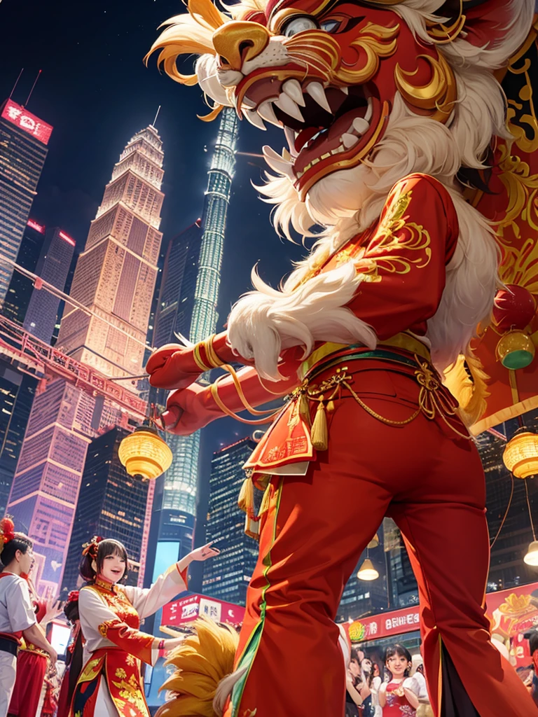 Traditional lion dance celebration with all ethnic in malaysia and celebrate it with the background petronas twin tower