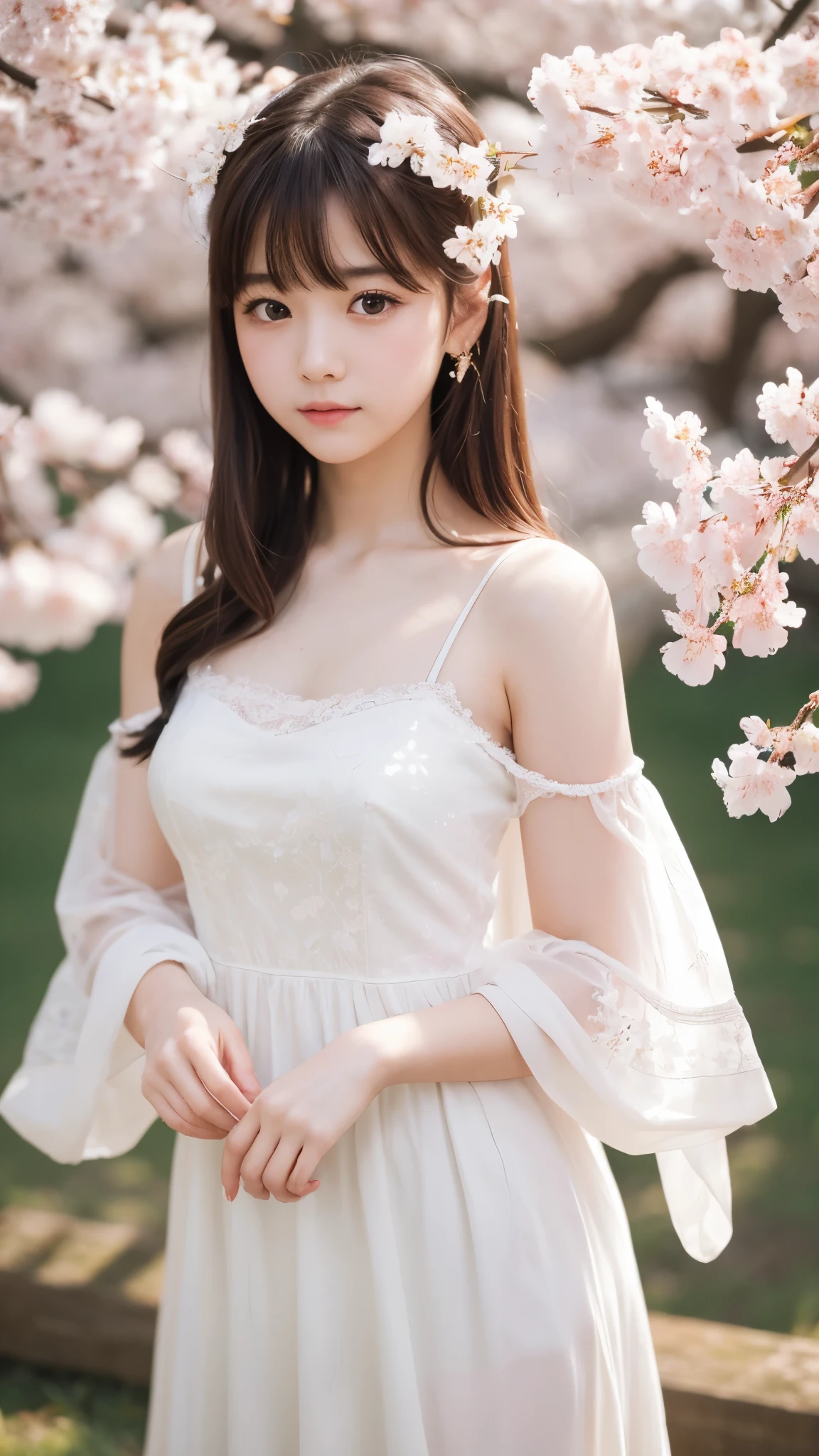 One girl , (Unbelievably_Absurd:1.5),  「solo」「Very delicate , beautiful girl , 8k wallpaper,cherry blossoms:1.6,