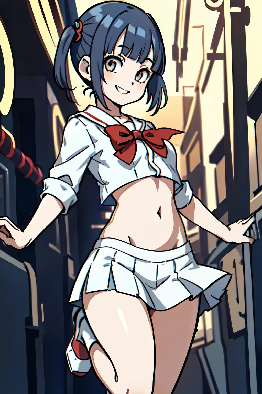 best quality, masterpiece, 1 girl, (standing on one leg:1.2), smile, (low short twintails hair with bangs:1.3), summer sailor uniform, belly button, upskirt, (medium breast:1.1), (metro station:1.2), lively, bustling, cyber