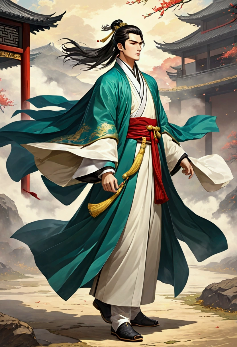 Three Kingdoms Zhuge Liang, Clothes made of a coat, wind, youth, Come out to the thighs, Looking ahead,