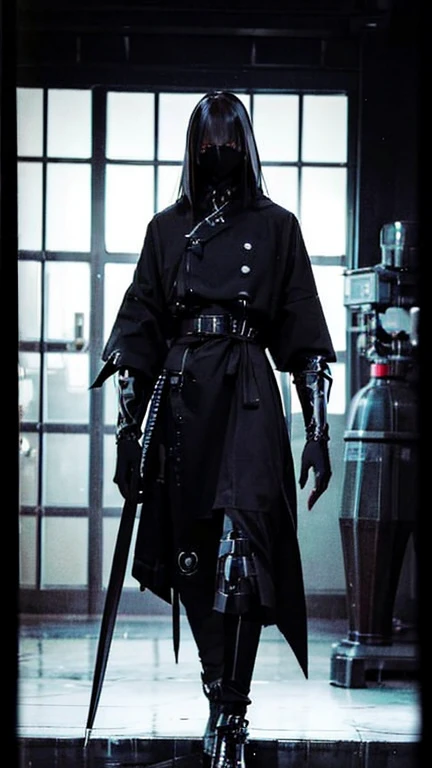 Black Hair、Cold look:1.5、Japanese woman in her 30s、Dark Background、One Cool Lady:1.5、night、whole photo、Dark Eyes、Black gloves、Ominous Machine Lifeform、Nihil、Half of his body is made of machinery、Mechanical Man:1.5、Modern clothing:、Creepy、Scary atmosphere