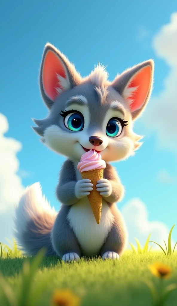 A wolf-like furry creature, extremely detailed furry body, big blue eyes, furry ears, eating ice cream, white stomach, white end of tail, (best quality,4k,8k,highres,masterpiece:1.2),ultra-detailed,(realistic,photorealistic,photo-realistic:1.37),hyperrealistic,highly detailed,intricate details,soft lighting,vibrant colors,whimsical,cute,fantasy creature,stand on the grass，blue skies