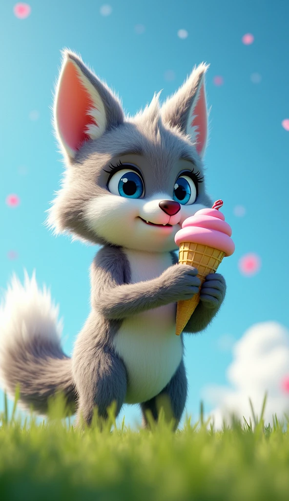 A wolf-like furry creature, extremely detailed furry body, big blue eyes, furry ears, eating ice cream, white stomach, white end of tail, (best quality,4k,8k,highres,masterpiece:1.2),ultra-detailed,(realistic,photorealistic,photo-realistic:1.37),hyperrealistic,highly detailed,intricate details,soft lighting,vibrant colors,whimsical,cute,fantasy creature,stand on the grass,blue skies