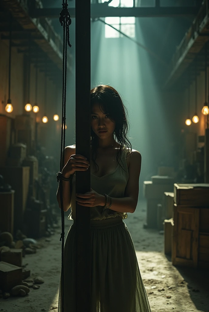 Misaki Sato, a genius botanist; a beautiful girl with her hands and feet tied behind her back to an iron post in the center, unable to move; a determined figure; a white coat; sweat beading on the forehead; a warehouse; a high ceiling with bare beams; dusty light coming through the window; spotlights from suspended bulbs; old machines and wooden boxes casting ominous shadows; tense atmosphere; contrasting Noir lighting. Old machinery and crates casting ominous shadows, tense atmosphere, contrasting noir lighting, gritty textures, stills from thriller film, super definition, 8K --AR 16:9 --Stylize 1000