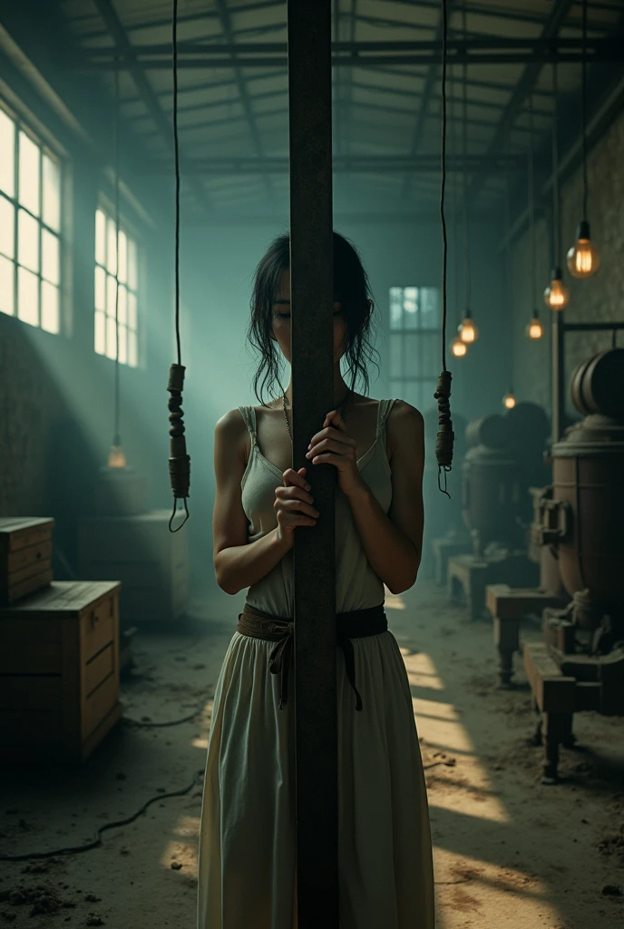 Misaki Sato, a genius botanist; a beautiful girl with her hands and feet tied behind her back to an iron post in the center, unable to move; a determined figure; a white coat; sweat beading on the forehead; a warehouse; a high ceiling with bare beams; dusty light coming through the window; spotlights from suspended bulbs; old machines and wooden boxes casting ominous shadows; tense atmosphere; contrasting Noir lighting. Old machinery and crates casting ominous shadows, tense atmosphere, contrasting noir lighting, gritty textures, stills from thriller film, super definition, 8K --AR 16:9 --Stylize 1000