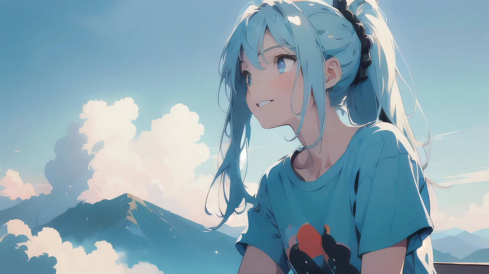 Masterpiece, best quality, Close view, glowing sky, vast world, girl, staring, happy expression, distant horizon, clouds, high hills, natural beauty, inspiration, light effects,  (light blue hair, ponytail) and (light blue eyes), (T-shirt) and (shorts), big smile, happy, ((looking up)), (((bold outline))), vector art, painted in solid color