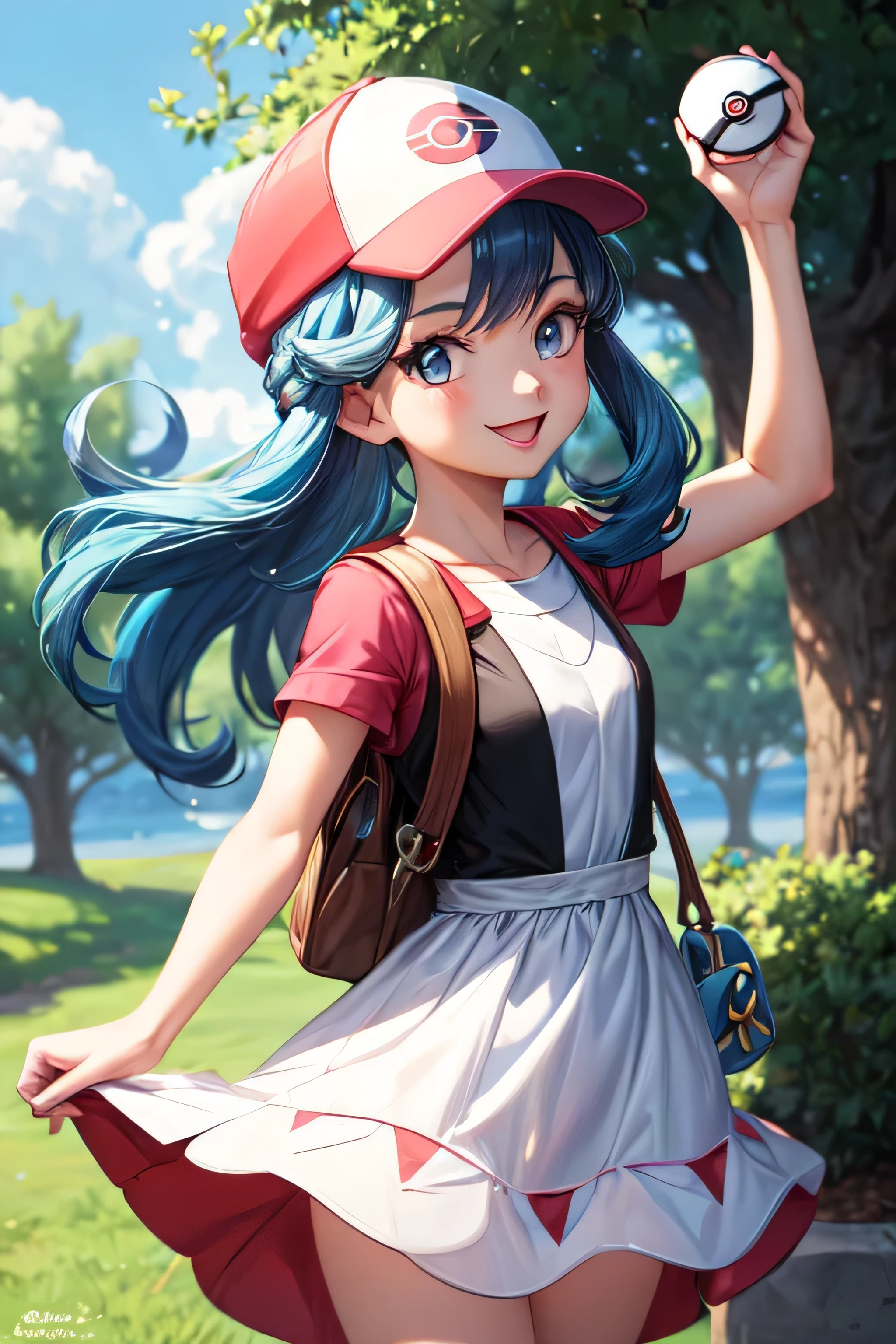 ((best quality)), ((masterpiece)), (detailed), ((pokemon trainer)), ((girl)), ((blue hair)), ((smile)), white dress, blue eyes, ((pokeball)), cowboy shot, long hair,