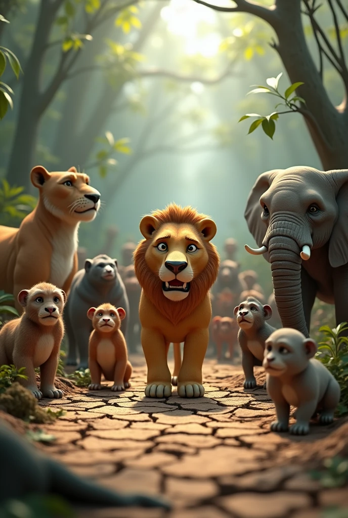 Create 3d image prompt "The jungle faces a severe drought. Show the worried expressions of various animals as they struggle without water."