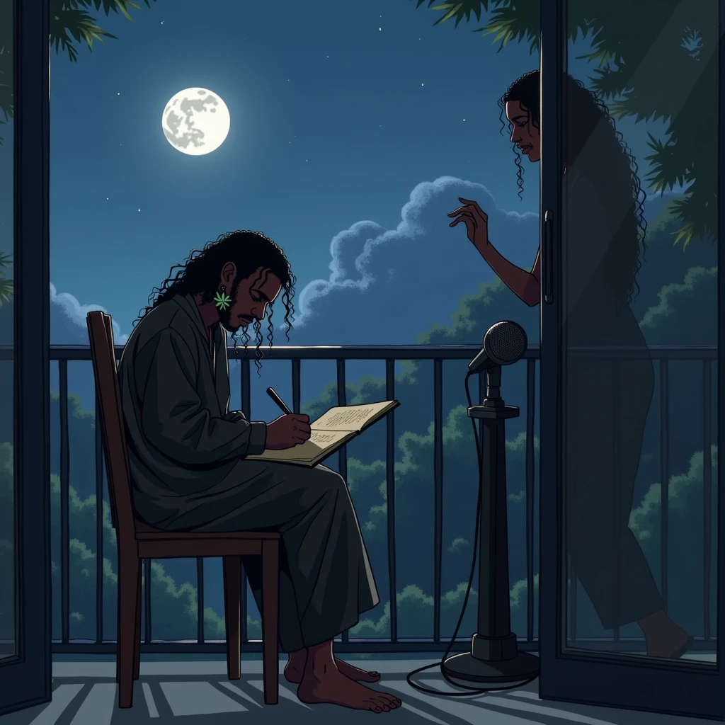 creates the image of a man sitting alone in a chair next to his balcony creating poems next to the window with a moon and a serene night, The dark-skinned man with long wavy hair wearing oversized clothing and a hanging marijuana earring and a microphone on a pedestal while creating a feminine shadow
