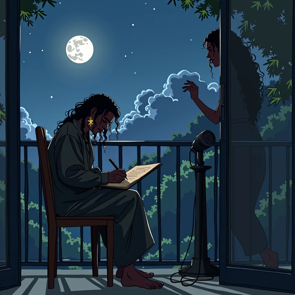creates the image of a man sitting alone in a chair next to his balcony creating poems next to the window with a moon and a serene night, The dark-skinned man with long wavy hair wearing oversized clothing and a hanging marijuana earring and a microphone on a pedestal while creating a feminine shadow