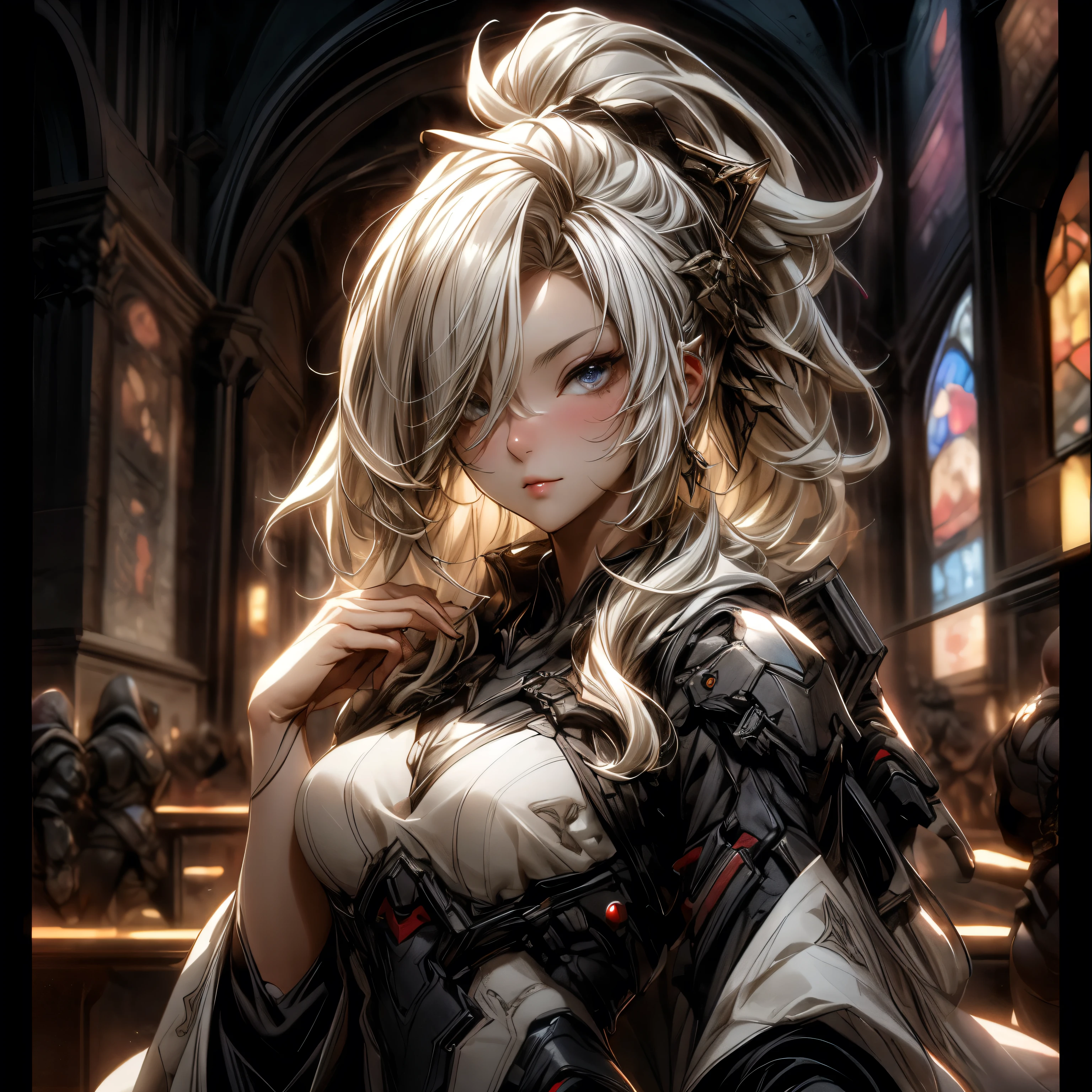 (best quality)), ((Masterpiece)), (details:1.4), 3d, HDR (high dynamic range), an image of a beautiful cyberpunk female, fantasy, Medieval, Blonde hair, Highi ponytail, Beautiful white eyes, จมูกโด่ง, Hips up, ปากแดง, หน้าอกใหญ่, nvidia RTX, PBR surface, After processing, Anisotropic filtration,depth of field, Maximum clarity and clarity, multi-layered surface, Subsurface scattering, perfect proportions, 8K raw files, ultra detailed, Perfect proportions, volumetric lighting, soft lighting, Holy Paladin, Heavy Black Armor, glossy skin, intricate silver embroidery, chapel background, jewely, ต่างหู, นิ้วมือสมบูรณ์,