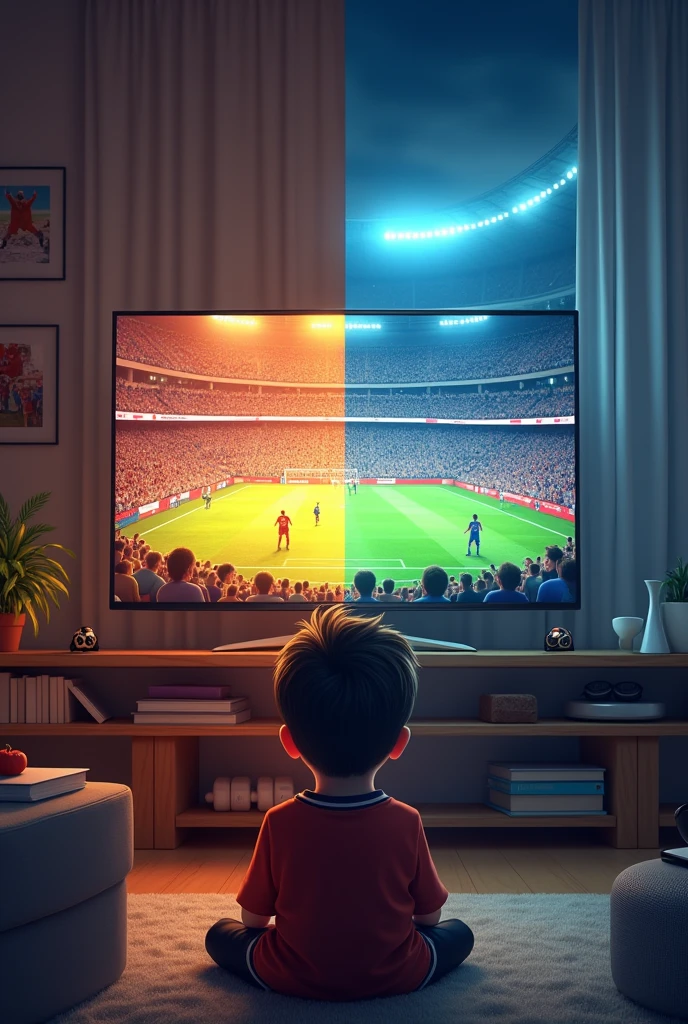 I want the photo in two halves: The first half shows a boy watching a football match on television and the other half shows the same boy in the stadium watching the match.