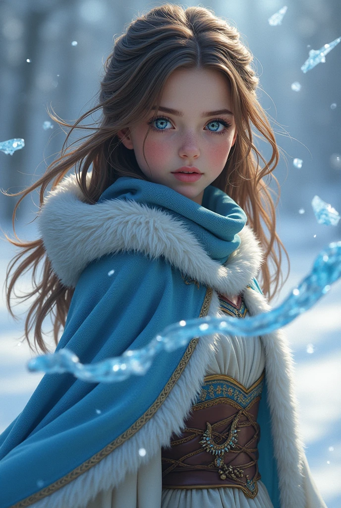 a young female heroine with brown hair and ice powers and an outfit that exudes wisdom