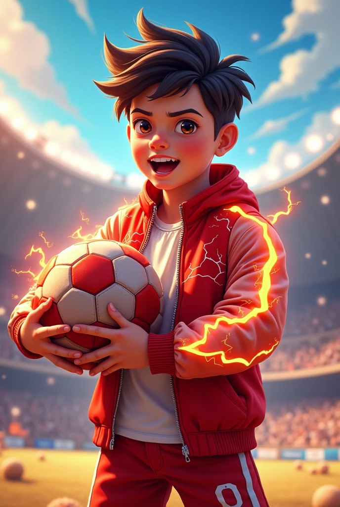 Create a boy weating a red and white colour lightning combination jacket and a ball on his hand and a pant