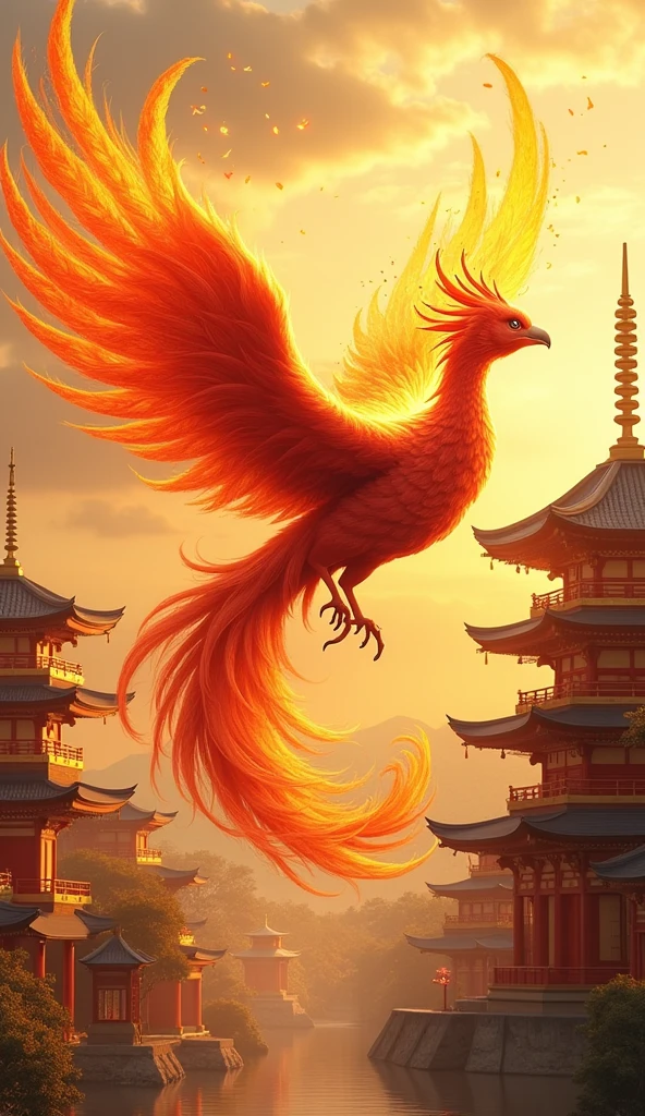 4K Ultra HD、Flapping Phoenix、The Golden Temple、Japanese style、Gold background、Increase your luck with money、Feathers are burning