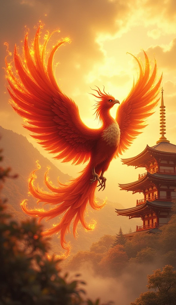 4K Ultra HD、Flapping Phoenix、The Golden Temple、Japanese style、Gold background、Increase your luck with money、Feathers are burning