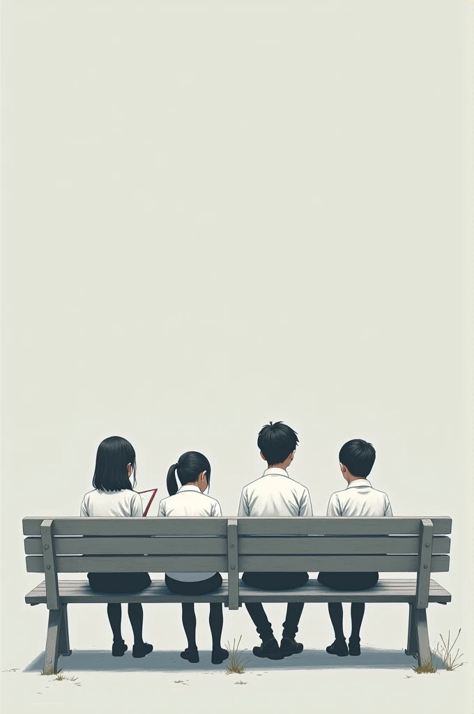 4 students sitting on school bench in white shirt grey paint at reading