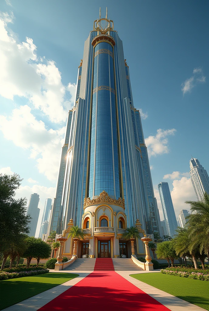 A luxurious multi trillion dollar company headquarters with the words NEXUS GLOBAL HEADQUARTERS the building has Dubai architecture and the compound sorounded with flowers,grass and other nature with red carpets