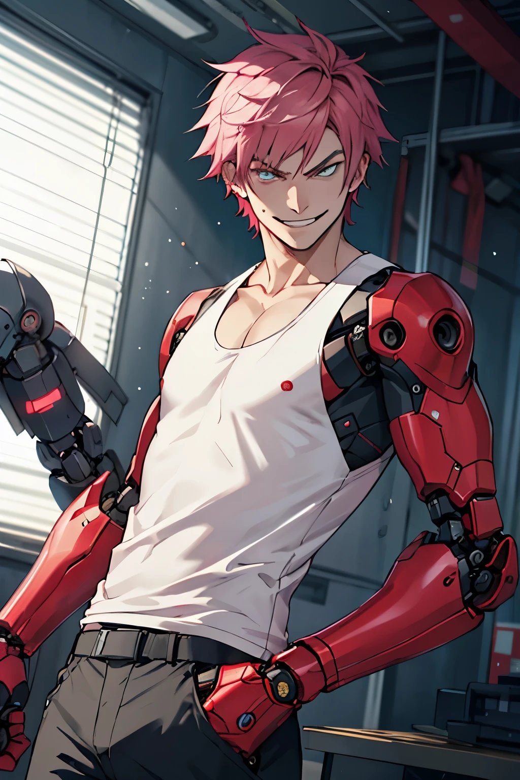 1boy, white tank top, ((skinny)), short, crazy eyes, evil smirk, has red robotic arms instead of arms, pink hair, good composition
