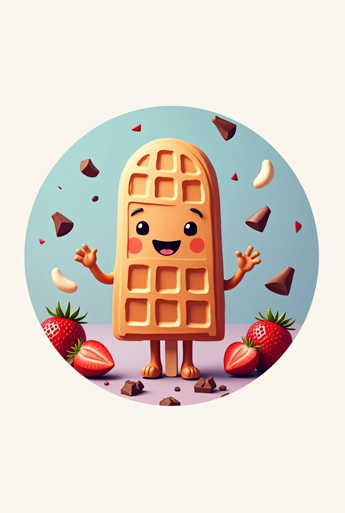 Generate a circular logo for a brand called Sweet Waffles that deals in waffle popsicles, The background of the logo should be made of chocolate pieces and strawberries falling, that it is a cyan color palette, pale pink and lilac purple and let the waffle popsicle and the name SWEET WAFFLES be noticed, You can also add feet, hands and a face to the waffle, but keep it a simple design.