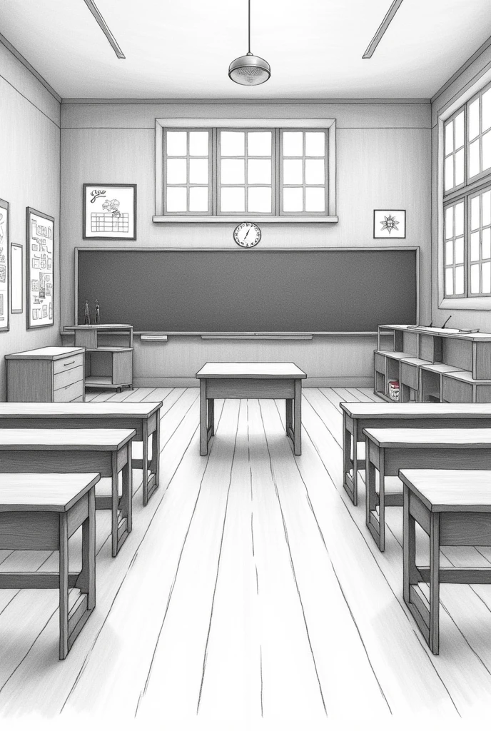 a pencil drawing of a large classroom with a desk in the center background, the student benches on both sides, a blackboard on the wall with large windows, Primary school teaching materials on the walls