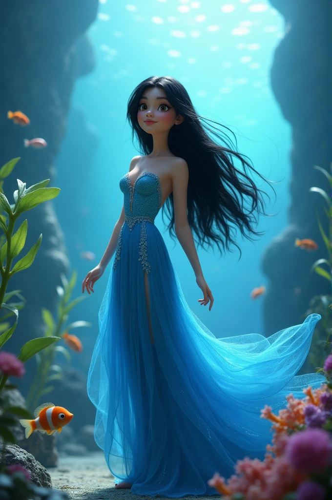 Pixar image, a water fairy, long blue dress, dark hair and eyes,