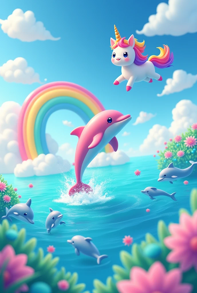 Dolphin with a kawaii rainbow in the water jumping and kawaii clouds and the water very bright with more dolphins and a very kawaii unicorn flying 