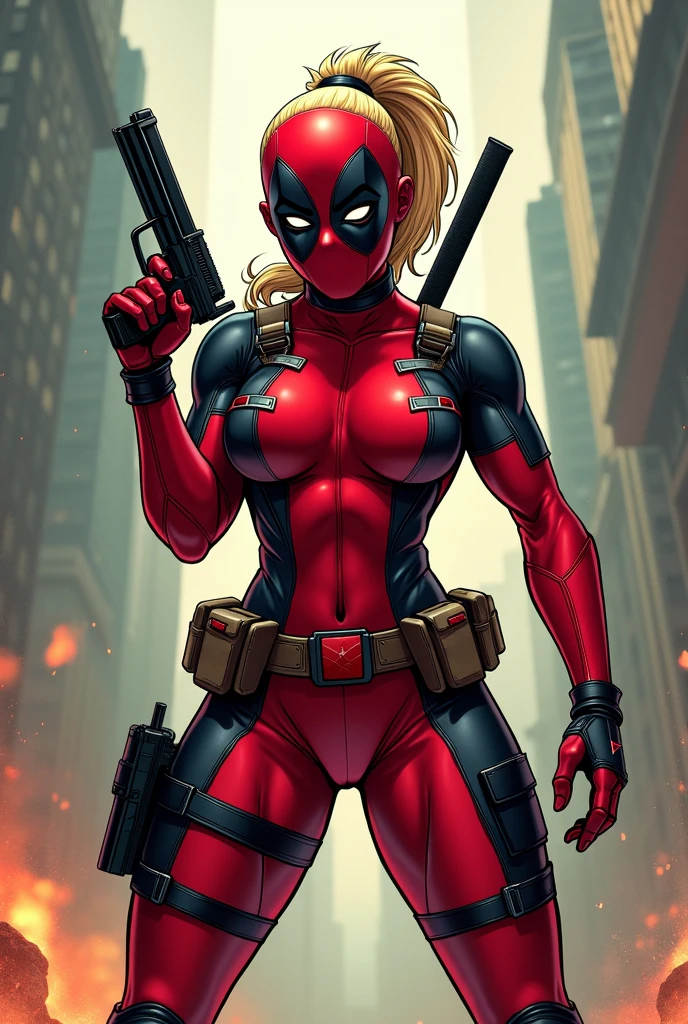 comics, woman, deadpool helmet, blonde ponytail, red costume, bodysuit, black straps, black bands, ultility belt, knee pads, red gloves, red boots, hand guns