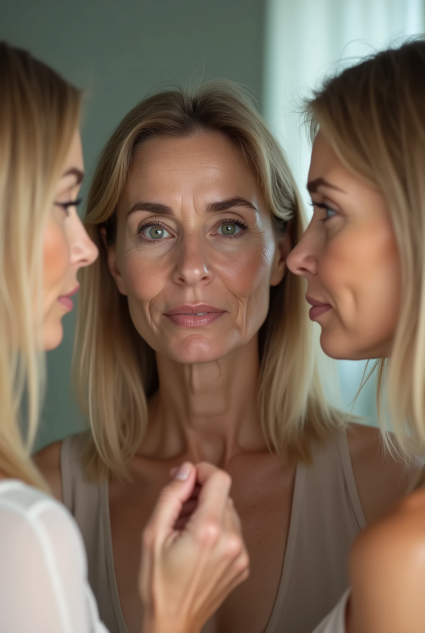 A 3 woman , blonde straight hair looking at her fine lines and wrinkles on her face