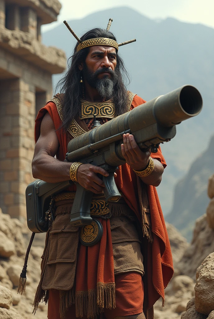 A person from the Chavin culture with a World War II basuca weapon on his shoulder in his hand about to shoot