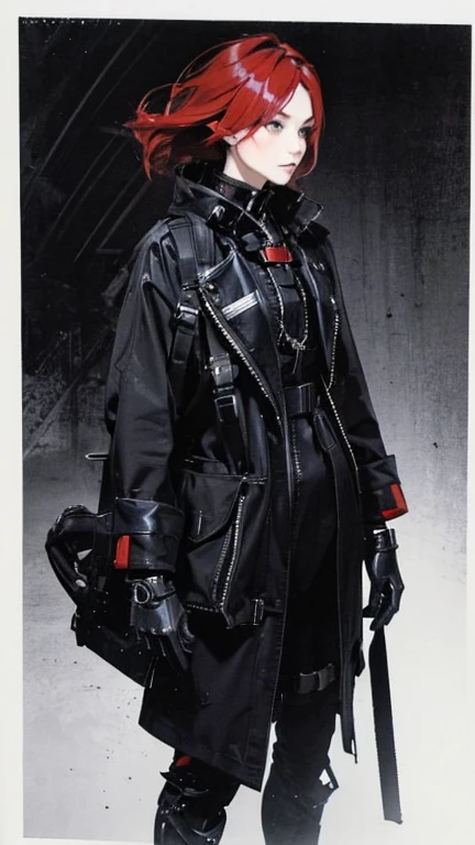 Red hair、Cold look:1.5、Japanese woman in her 30s、Dark Background、One Cool Lady:1.5、night、whole photo、Dark Eyes、Black gloves、Ominous Machine Lifeform、Nihil、Half of his body is made of machinery、Mechanical Man:1.5、Modern clothing
