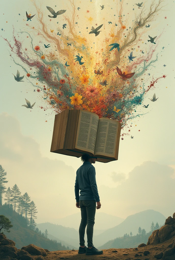 Draw a person with a book head, from which creative thoughts emerge