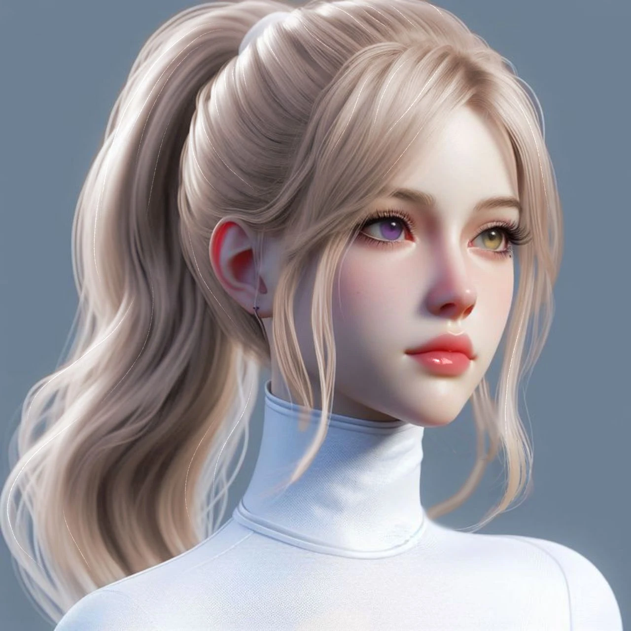 Blonde girl with slanted eyes, small face, pale skin, unreal appearance, realistic video game, Small front, splattered nose, heart shaped lips, with a ponytail of hair, at different angles, looking forward and sideways