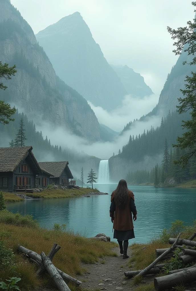 The image shows a stunning natural landscape with a small village situated on the edge of a lake.. The village seems to have a medieval or Nordic aesthetic., with wooden houses and thatched roofs. The buildings are built in traditional style., with simple but robust structures, and line up along the water&#39;s edge.
In the background, Huge mountains covered in vegetation rise up, with snowy top. Dense fog partially covers the mountains, adding a mystical touch to the surroundings. On the left, A waterfall falls from the top of the mountain, feeding the lake.
Spotlight, a man is with his back turned, walking towards the water. He wears clothing that suggests he is a warrior or hunter., with a fur cape and dark clothes. Her hair is long and she wears it loose.. at your side, There is a log and some wooden tools, possibly used for construction or maintenance of homes.
The general atmosphere is calm and melancholic., with a landscape that conveys a sense of isolation and deep connection with nature. The sky is cloudy, which adds a sense of freshness and perhaps a touch of mystery to the scenario.
