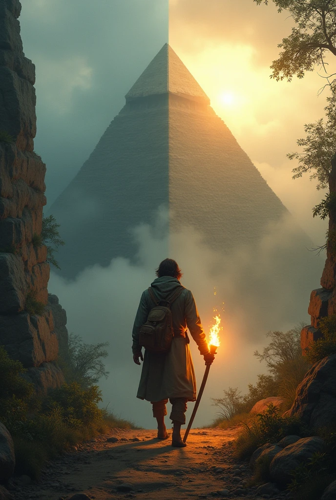 A split image featuring two contrasting scenes: On the left, a faded ancient civilization, like the pyramids of Egypt or the ruins of Machu Picchu, with a mysterious aura, partially obscured by mist or fog. On the right, a bright, modern-day archaeologist or explorer holding a torch or ancient artifact, symbolizing discovery and revelation.