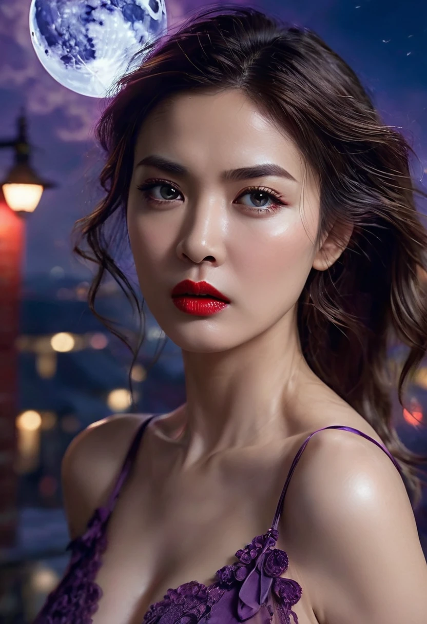 masterpiece, best quality, a sexy mature women, red lips, (colorful),(finely detailed beautiful eyes and detailed face),cinematic lighting,bust shot,extremely detailed CG unity 8k wallpaper,wavy hair,solo,angry face,purple lace nightgown dress,((flying petal)), sky, cloudy_sky, building, moonlight, moon, night, (dark theme:1.3), light, fantasy,