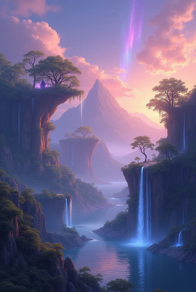 Create a stunning painting of an ethereal world where floating islands drift above a tranquil sea. Each island is adorned with lush, bioluminescent forests and cascading waterfalls that sparkle in the soft twilight. The sky is a mesmerizing gradient of purple and gold, with gentle auroras weaving through the clouds. In the distance, majestic mountains rise from the ocean, their peaks hidden by wisps of mist. The scene should evoke a sense of wonder and serene beauty.