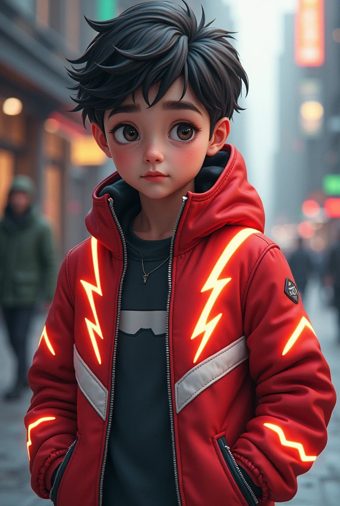 Create a smart boy wearing a red and white colour lightning combination jacket 
