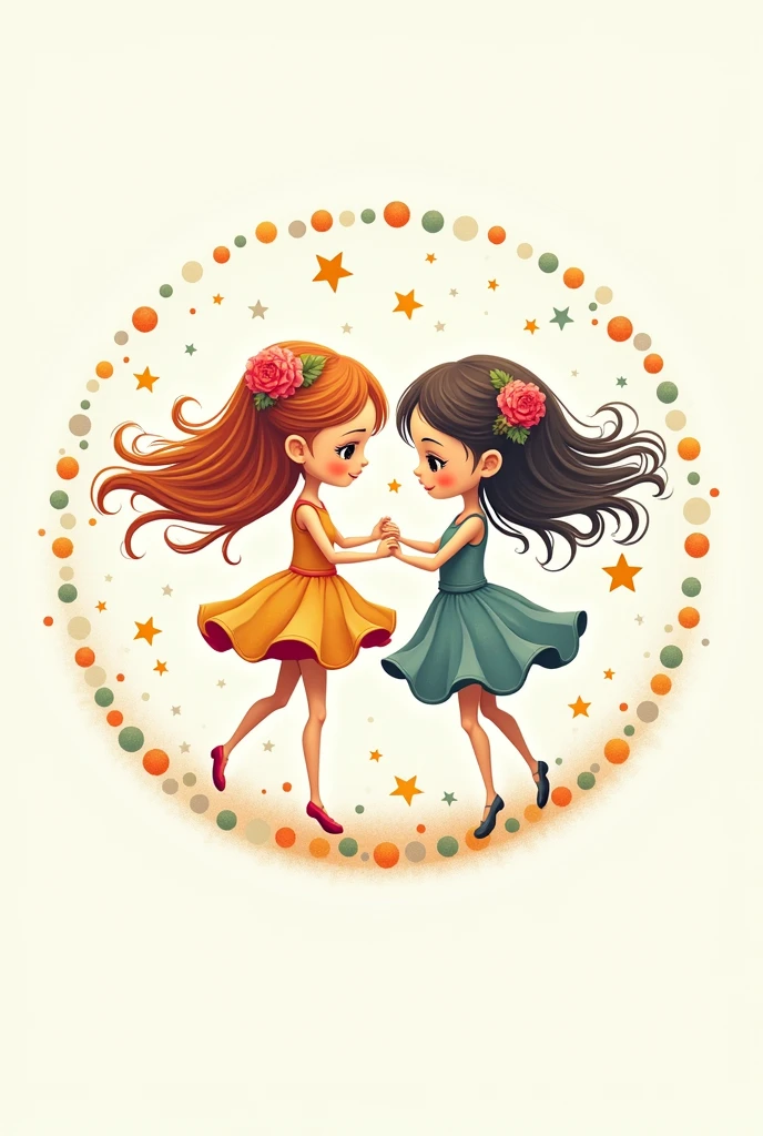 Logo of two dolls dancing around a circle with dots and stars