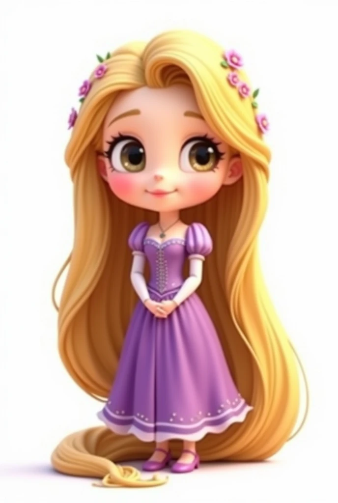 Rapunzel standing, smiling, with a flower headdress and hair down to her feet, classic purple dress, White background, Whole body, chibi, a touch of pixar style, large eyes, tender, well detailed hair with a bit of shine just like the dress, with hands together 
