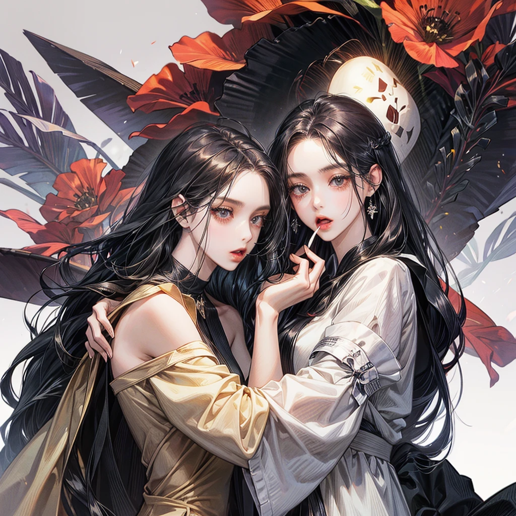 black long haired man sucking neck red very long haired Neko girl's neck
