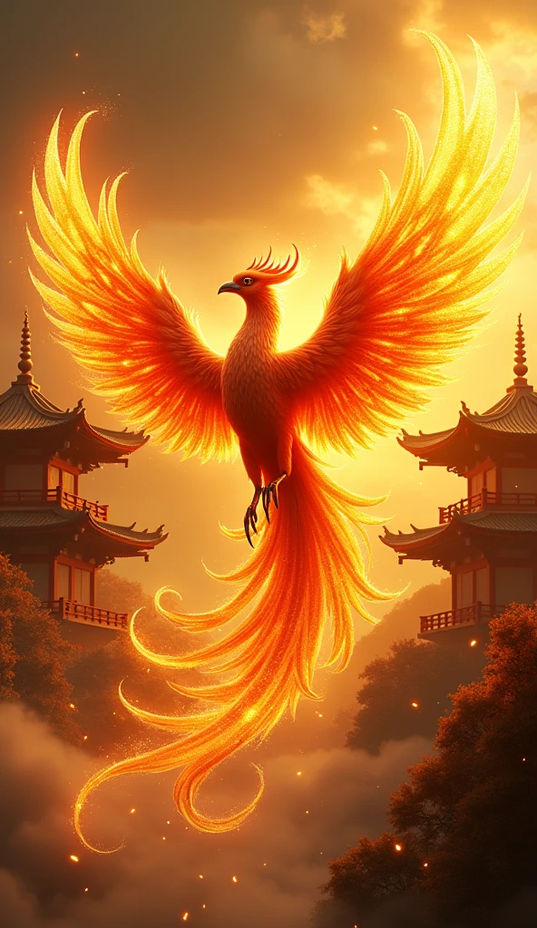 4K Ultra HD、Flapping Phoenix、The Golden Temple、Japanese style、Gold background、Increase your luck with money、Feathers are burning、Flames are scattered