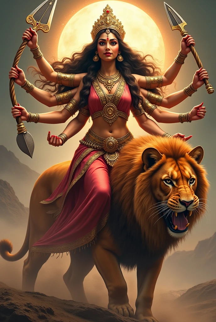 Goddess Durga is one of the most revered and celebrated deities in Hinduism. She embodies the divine feminine energy and is often associated with strength, protection, and the triumph of good over evil. Here are some key aspects of Goddess Durga:

### Symbolism and Iconography
1. **Form**: Durga is usually depicted riding a lion or tiger and wielding a variety of weapons in her multiple arms, each symbolizing her ability to combat various forms of negativity and evil.
2. **Ten Arms**: In her most common representation, she is shown with ten arms, each holding a different weapon given to her by the gods, symbolizing her omnipotence.
3. **Appearance**: She often has a compassionate and fierce expression, resonating with both nurturing and powerful qualities. 

### Festivals
1. **Durga Puja**: Celebrated predominantly in West Bengal and other parts of India, this festival honors the victory of Goddess Durga over the buffalo demon Mahishasura, symbolizing the victory of good over evil. It usually takes place in the month of Ashwin (September-October).
2. **Navaratri**: A nine-night festival dedicated to the worship of Goddess Durga, featuring various rituals and cultural performances.

### Mythology
1. **Victory over Mahishasura**: The most popular mythological narrative of Durga is her battle against the demon Mahishasura, who was granted a boon that made him invincible to gods and men. In response, the gods combined their powers to create Durga, who defeated him and restored cosmic order.
2. **Representation of Shakti**: Durga is often seen as a representation of Shakti, the feminine energy that empowers, nurtures, and protects.

### Cultural Impact
- Goddess Durga has inspired countless works of art, literature, and dance, reflecting her importance in various forms of cultural expression in India and beyond.
- She is also seen as a symbol of women's empowerment, embodying qualities such as courage, resilience, and wisdom.

Goddess Durga holds a special place in the h