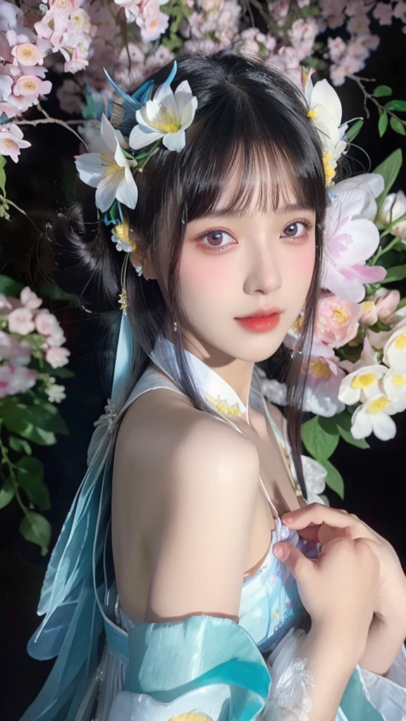 a close up of a woman in a dress with flowers in her hair, a photorealistic painting by Lü Ji, cgsociety, fantasy art, cgsociety 9, jingna zhang, xianxia