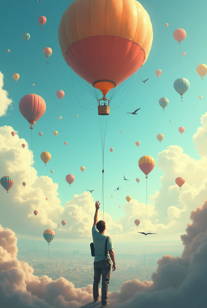 expansive, dreamy landscape, mood, mountains, boy dreaming in the sky, balloons,, pop-art --auto