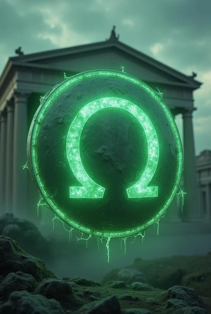 A shield (not round) floating with the Omega symbol in the center, that emits a ghostly green electric light and in the background the Greek phanteon