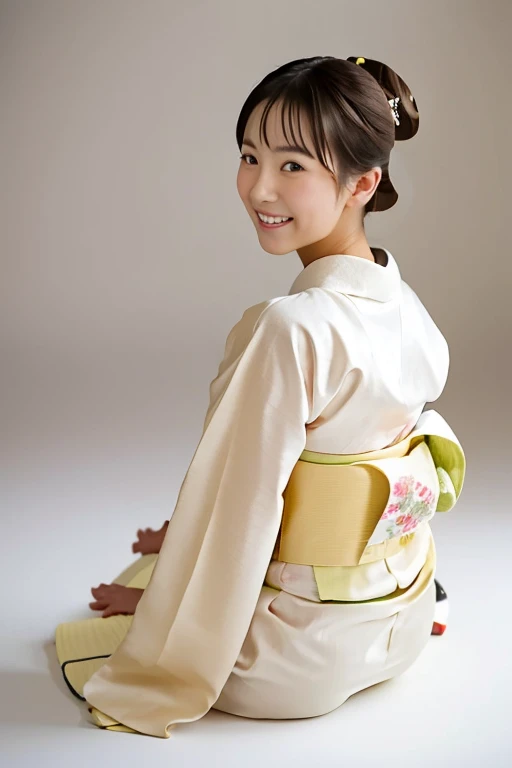 (((JPGND))), (((kimono))), ((best quality、8K masterpiece:1.3))、(What a beautiful face:1.0)、(glowing skin:1.0)、realistic picture、Complete dynamic configuration, Writing a video、High resolution eyes and face、1 Japan Girl, neat beauty, cute, elegant, Japanese traditional kimono, Wear a formal kimono, (A neat kimono on a white background:1.8), a little smile, Have a seat, Sit up straight,A long-established inn in Kyoto, japanese garden, Luxurious Japanese style room, Look back and smile