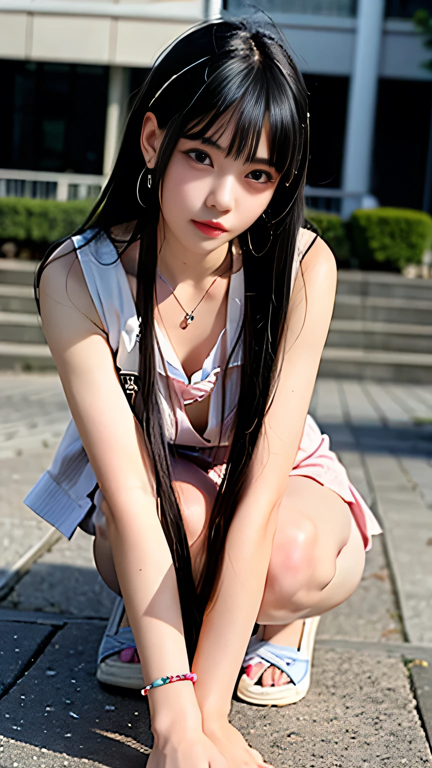 ( Highest quality, 8k, masterpiece, RAW Photos: 1.3),mysterious, Beautiful Japanese Women, Young Japanese women,Trained and toned body、 (Highlight Color Hair,pink、blonde、5 ear piercings、necklace、Roman alphabet tattoo on arm、 Straight long hair, Layered Haircut), Earrings, Many thin bracelets, (whole body, Squat on the ground in a crab-legged position, that violate school rules、Super detailed, Intricate details, Highly detailed face and skin tones, Because I'm Slim, (body whole body tattoo, whole bodyに入れ墨), Beautiful Eyes, Realistic, Compensate, intellectual, Fascinating, Beautiful posture、Sailor uniforms full of school rule violations:2.0、Always wear a skirt、Sexy Dynamite、I'Crouched down and staring at you.、Heavy makeup、Eyeshadow purple、Perfect Proportions、Glare、Harajuku Style、Yankee sister、Flashy accessories、